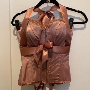 Rose Gold Corset Story Ribbon Halter Corset Dust Pink Boned
